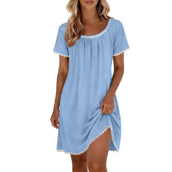 Fewfanhot Casual Dresses for Women Lace Trim Sleep Shirts Short Sleeve Night Shirts Sleep Dress with Pockets