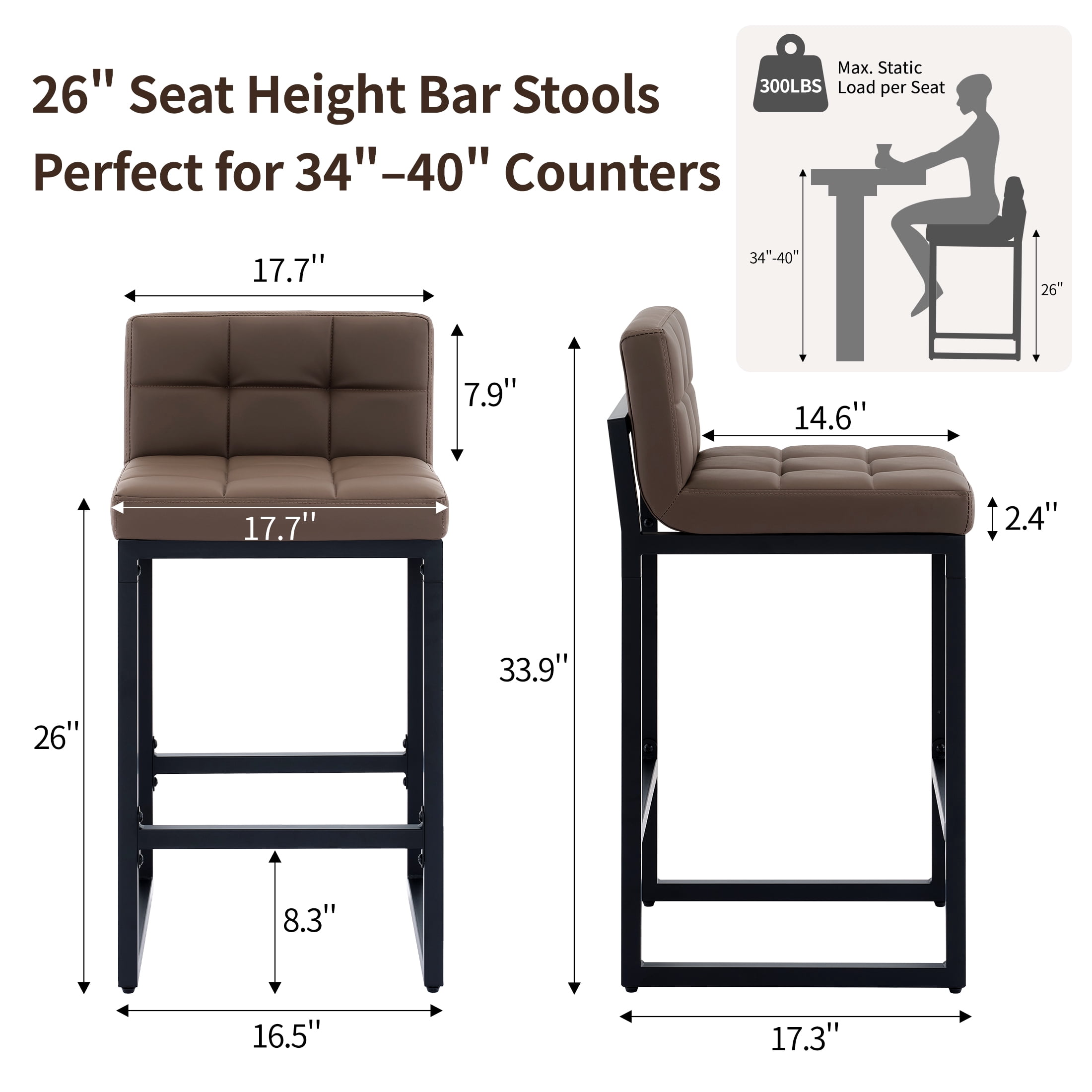 FIRAVOE Bar Stools Set of 3, Counter Height Bar Stools (Low Back)(Thickened Frame) 26" PU Leather Barstools Bar Chairs for Kitchen Island, Coffee Brown