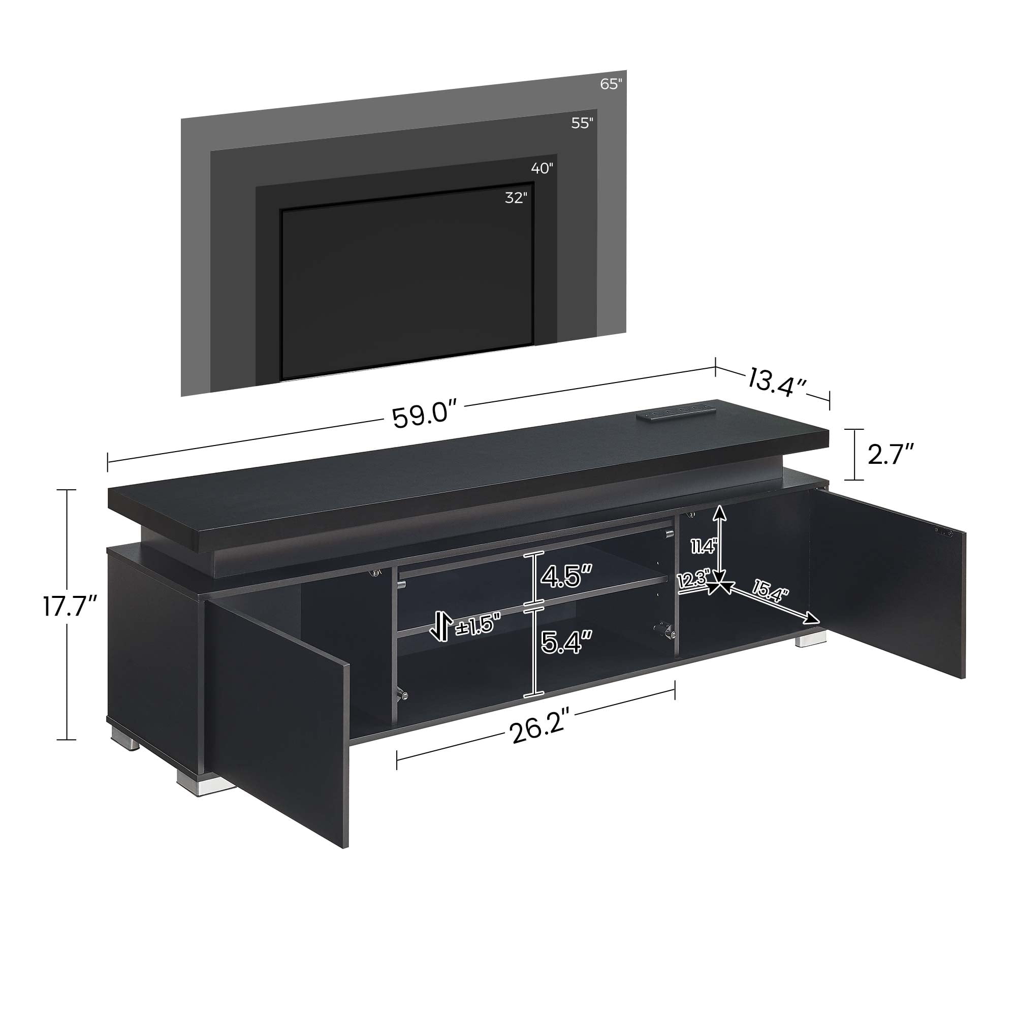 Greenstell 59" TV Stand for TVs up to 65", Gaming Entertainment Center with LED Lights & Power Outlet, Black