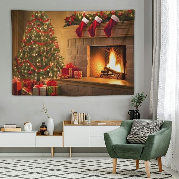 Creowell  Christmas Tree Wall Tapestry, Decorated with Lights and Gifts Wall Hanging Large Tapestry Decoration Fiber White Hem Around for Dorm Room Bedroom -60x40 inch