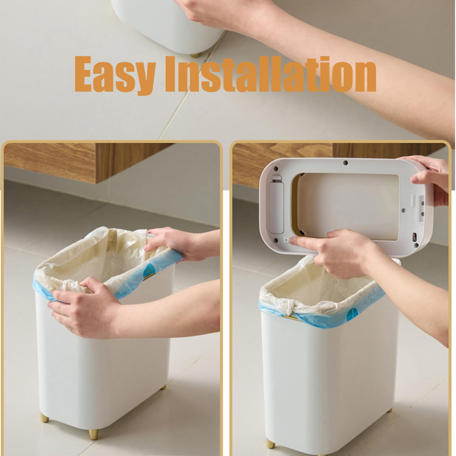 Motion Sensor Trash Can Bathroom Automatic Touchless Lid - Sensor Garbage Can - Bathroom, Bedroom, Kitchen, Laundry Room, Small Spaces - Compact Smart Trash Bin - White with Gold Edge, 1Pack