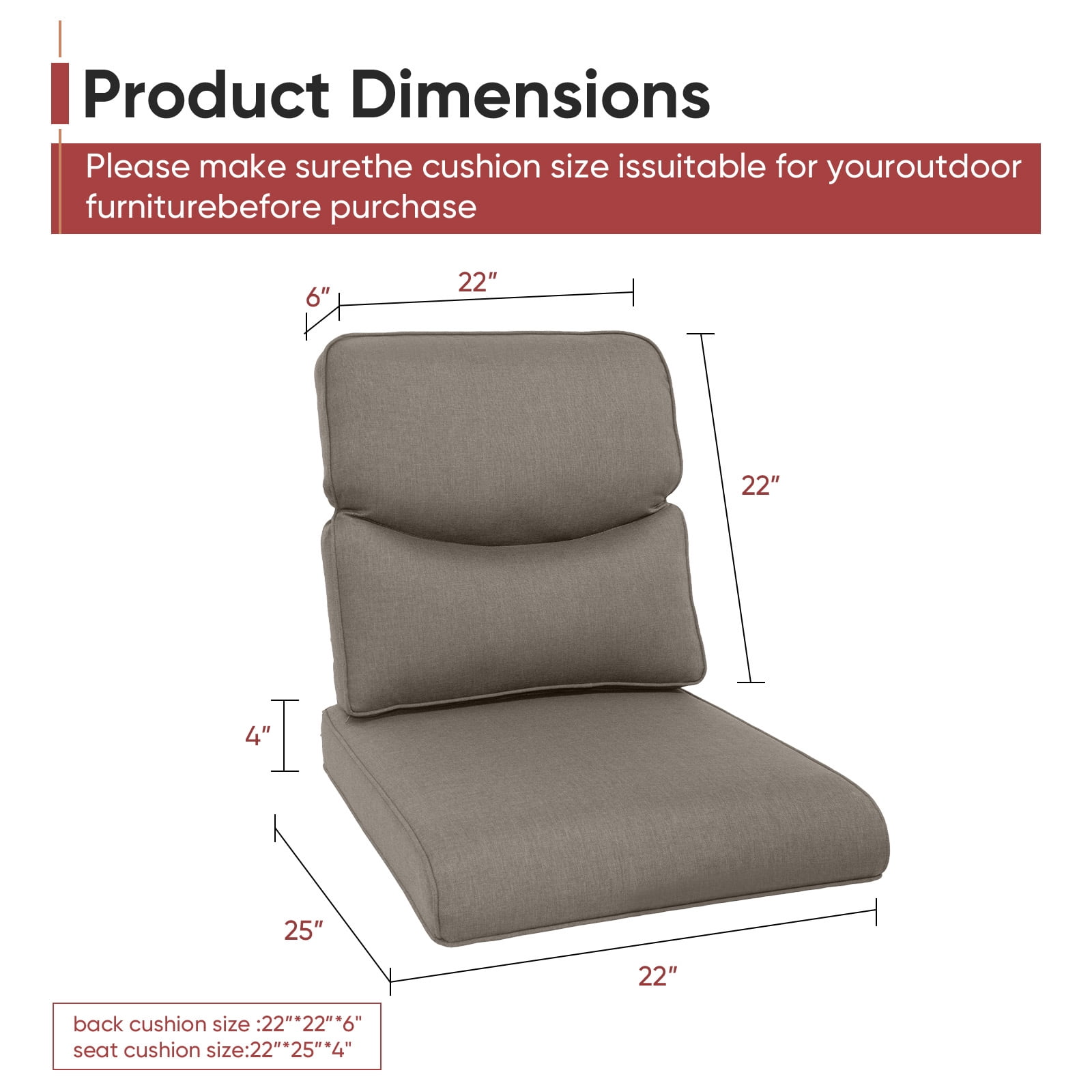 Opohoro Outdoor 25" x 22" Gray Lounge Chair Cushions, 8-Count