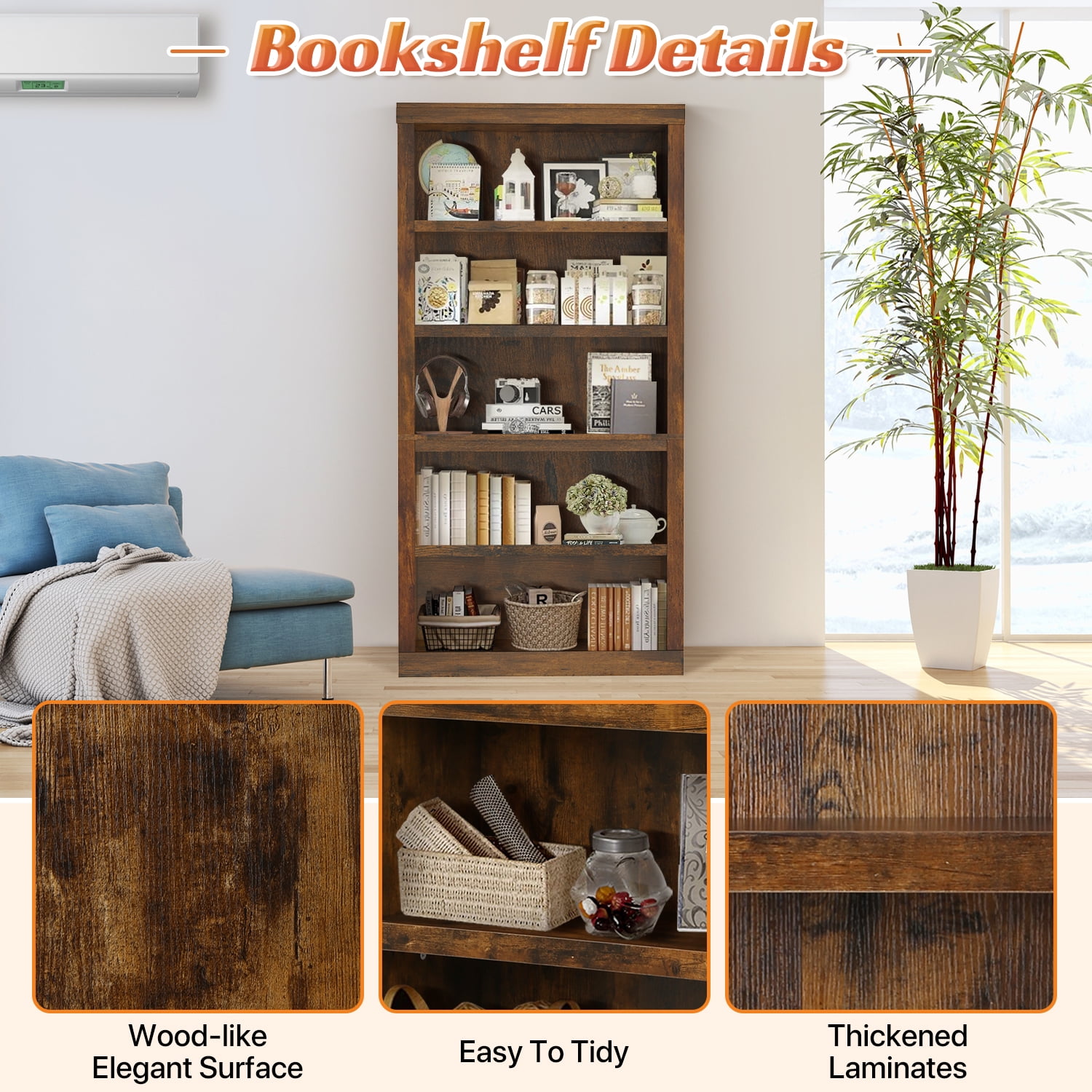 69.9" Tall Bookcase, 5-Tier Bookshelf Wood Bookshelves for Home Living Room Office, Brown