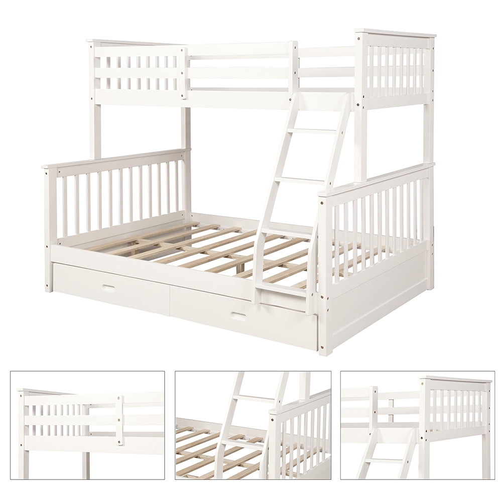 Twin-Over-Full Bunk Beds with Ladders and 2 Storage Drawers, White