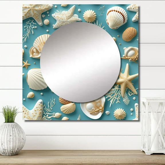 Designart "Shelled Coastal Wonders" Coastal Square Mirror For Wall Decor - Large Blue Square Printed Wall Mirror Art - Square Coastal Mirror - Wall Mounted Square Large Mirror