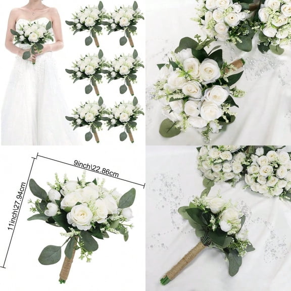 Set of 6 Bridesmaid Bouquets for Wedding - 7 Inch Artificial Ivory Flower Bouquet for Party Ceremony Anniversary Dinning Table Centerpieces Decor - Ivory