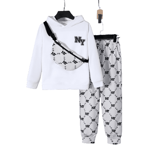 Mikrdoo Big Boys Fall Winter Outfits Letter Print Casual Pullover Hoodies Fashion Full Print Pants With A Satchel 3Pcs Clothes Set (7-15Y,White)