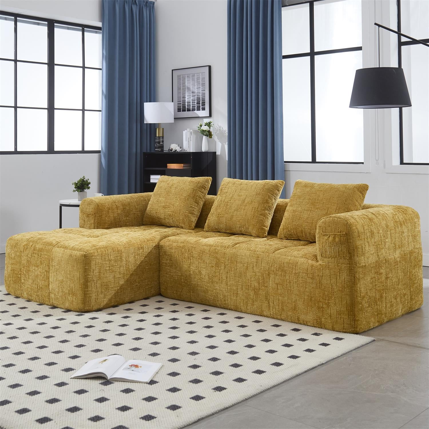 Demi Bonn 98" L-Shaped Modular Sectional Sofa with Chaise, Side Pockets, Modern Comfort Couch, Compression-Free Installation for Living Room, Yellow