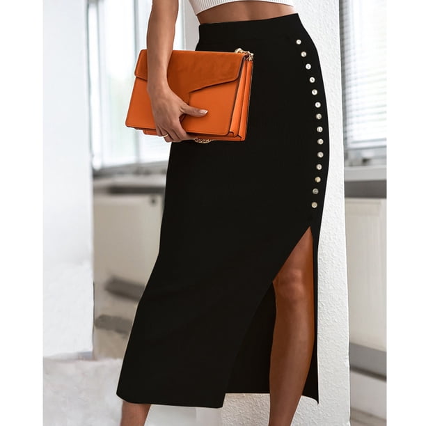 Falda ajustada dividida con botones falda midi ajustada falda dividida de punto acanalado falda ajustada falda midi Split Bodycon Midi Falda cintura alta Botón Decoración lateral ANGGREK Otros