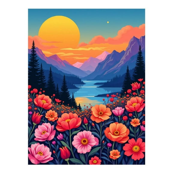 Diamond Art Kit for Adults, Sunset Mountain Lake Floral Blooms Diamond Painting for Adults Beginners, DIY Diamond Art Painting Kits, 5D Diamond Painting Crafts for Home Decor 12x16 Frameless