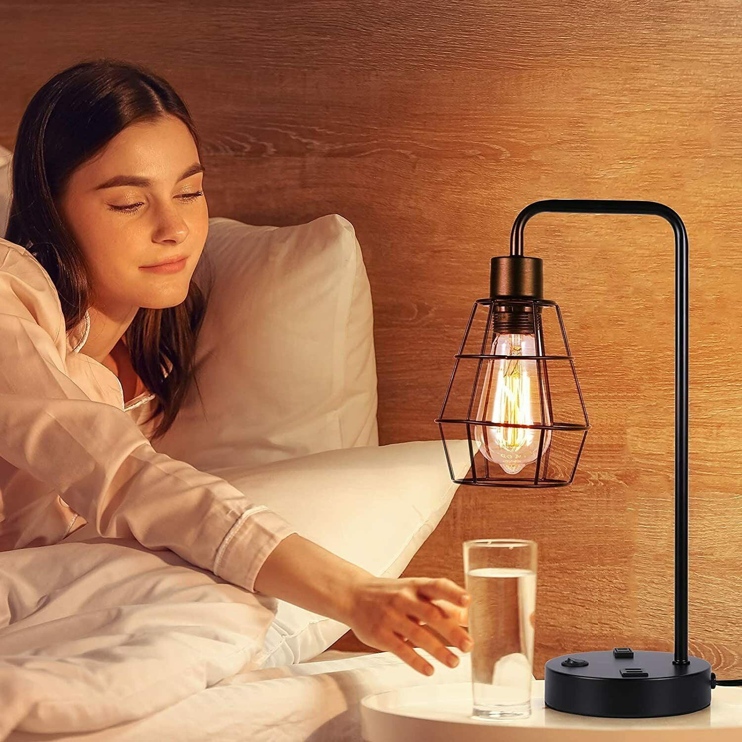 2 Pcs Industrial Table Lamp Nightstand Bedside Lamps w/ Dual USB Ports AC Outlet