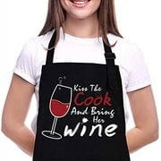 Funny BBQ Adjustable Kitchen Cooking Chef Apron for Women, Kiss the Cook and Bring Her Wine, Black Waterproof Oil Proof Apron with Pocket Mother's Day