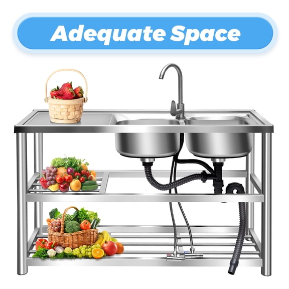 1 PCS 304 Stainless Steel Kitchen Sink, Sink 304 Stainless Steel Kitchen Sink 2 Compartment Commercial Prep Table
