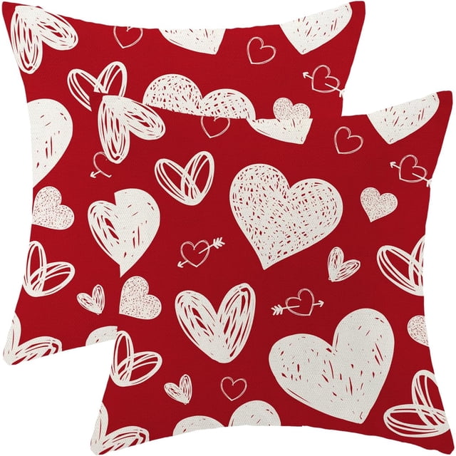 Housses de Coussin Saint-Valentin 16x16 Ensemble de 2, Décor Cœurs Blancs Rouges Coussins Décoratifs Saint-Valentin Lin Anniversaire Mariage Housse de Coussin Décorations Saint-Valentin pour Maison Canapé Extérieur