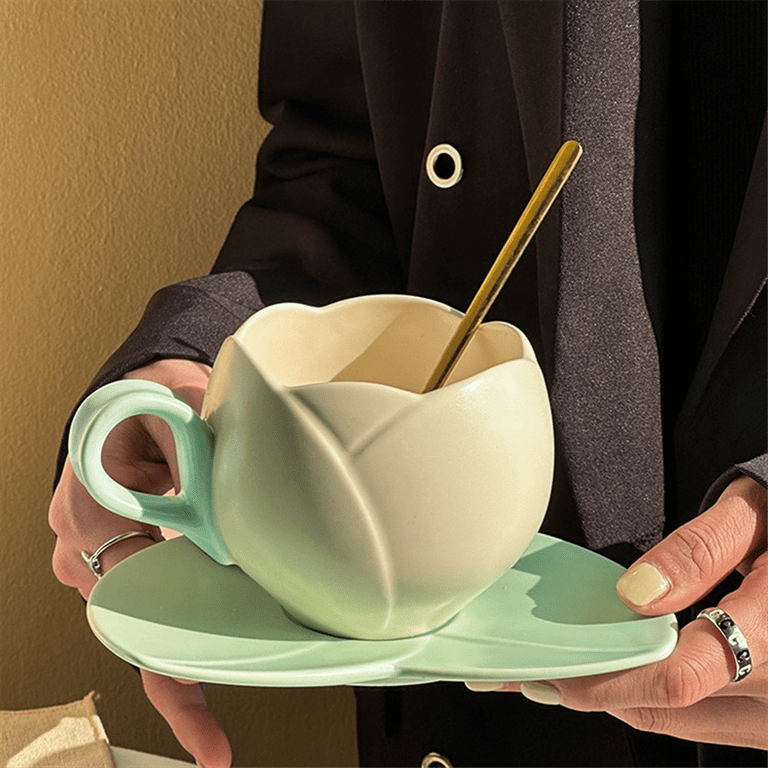 Qtmnekly 300ml Flower Shaped Ceramic Coffee Tulip Cup Teacup Qtmnekly 300ml Flower Shaped Ceramic Coffee Tulip Cup Teacup