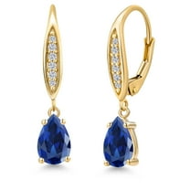 Gem Stone King 10K Yellow Gold Blue Created Sapphire and Lab Grown Diamond Earrings for Women | 2.31 Cttw | Gemstone September Birthstone | Pear Shape 8X5MM