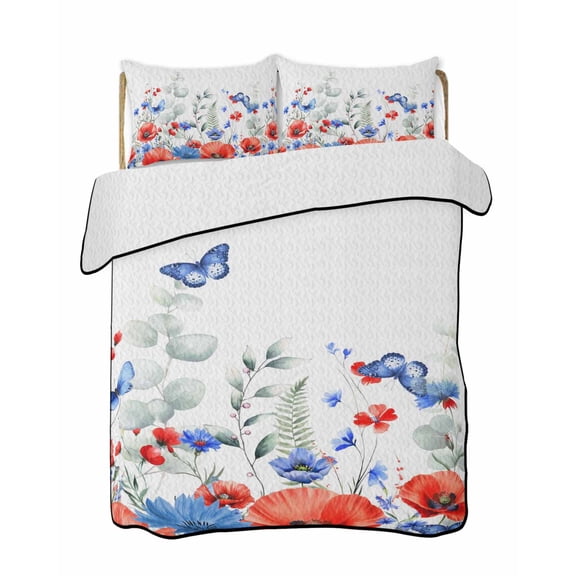 Quilts Queen Size Bedding Set, Blue Red Flowers Reversible Summer Quilt 3 Pieces, Elegant Spring Floral Butterfly Watercolor Lightweight Bedspreads Coverlets with 2 Pillow Shams for All Seasons
