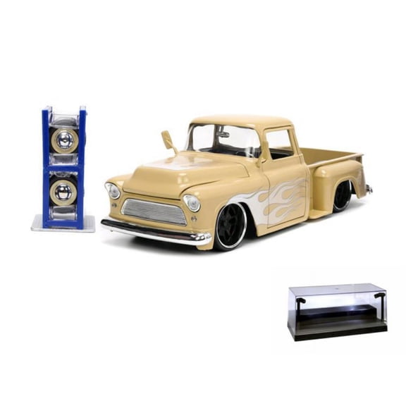 Diecast Car w/Display Case - 1955 Chevy Pickup and Extra Wheels, Beige/Tan - Jada Toys 34024 - 1/24 scale Diecast Model Toy Car