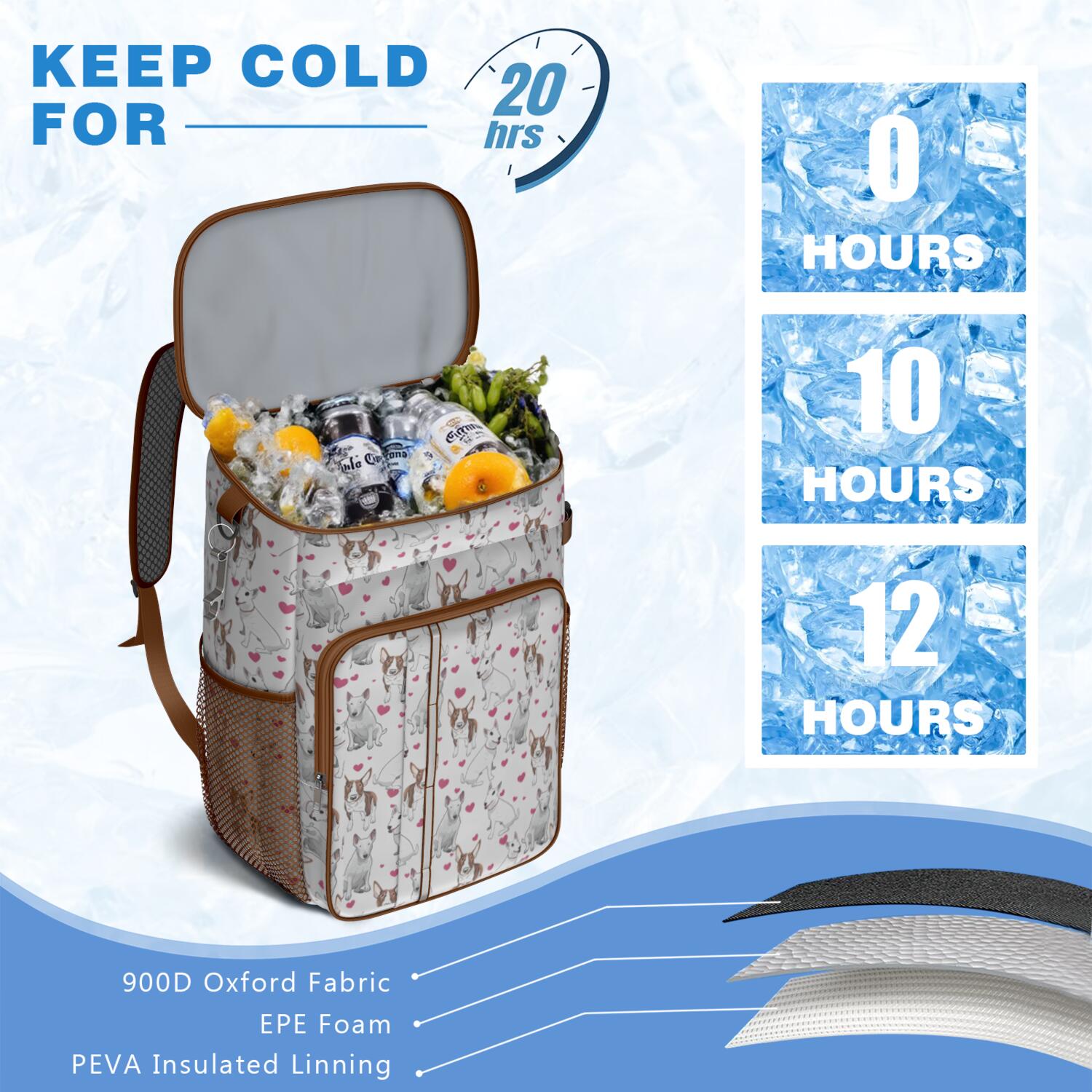 Travel Cooler Bag - Bull Terriers and Hearts Camping Beer Cooler Backpack with Bottle Opener- Waterproof Insulated Picnic Backpacks - Cooler Bag for Beach