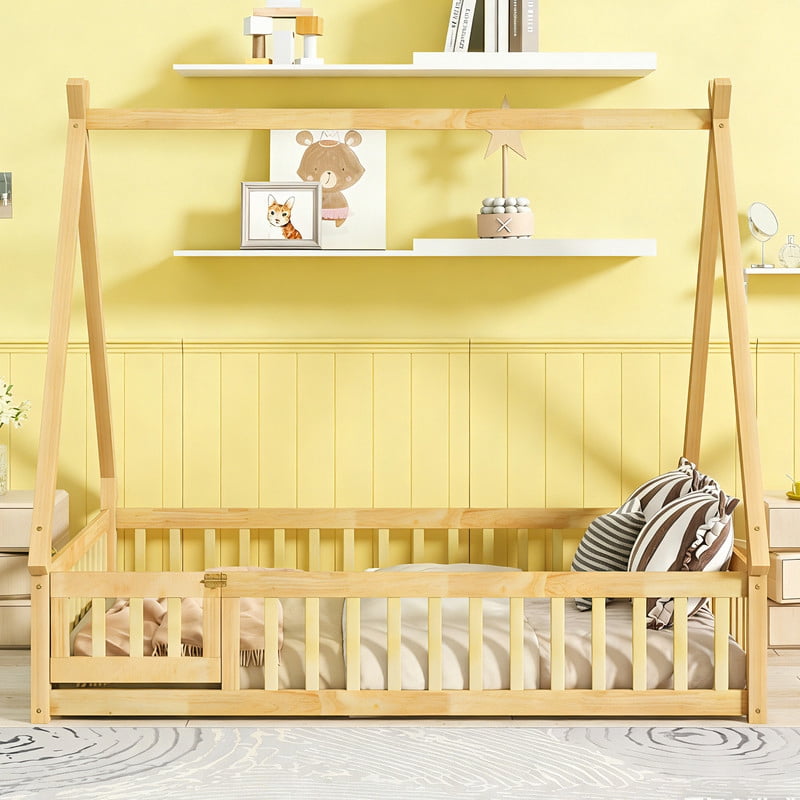 Full Size House Floor Bed, Wood Montessori Bed Frame with Fence Guardrails, House Beds Frame No Box Spring Needed（Full, Natural)