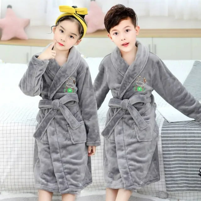 Flannel Bathrobe for Kids Boys and Girls, Cartoon Print, Warm Soft Thick