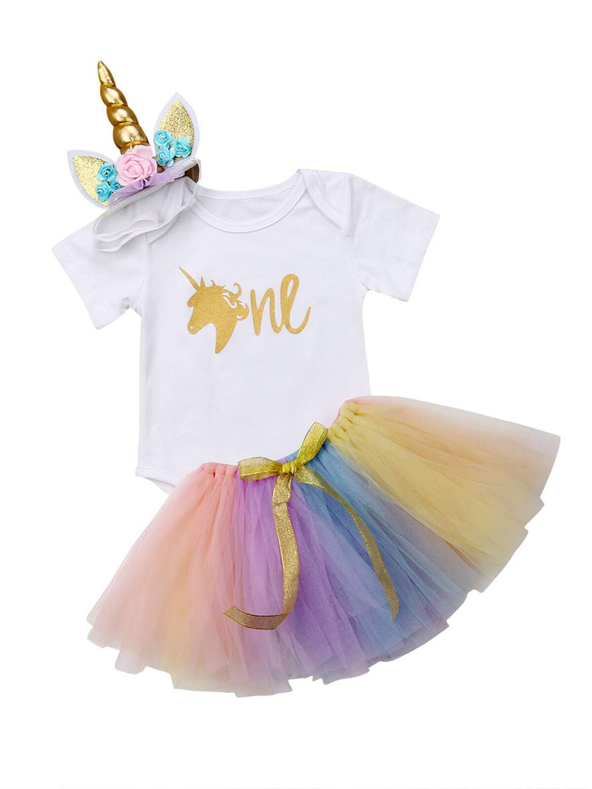 AmzBarley Baby Girls Unicorn Romper Tulle Tutu Skirt My 1st 2nd Birthday Short Sleeves Rompers Tops Kids Outfit Clothing Sets for Infants Toddlers 