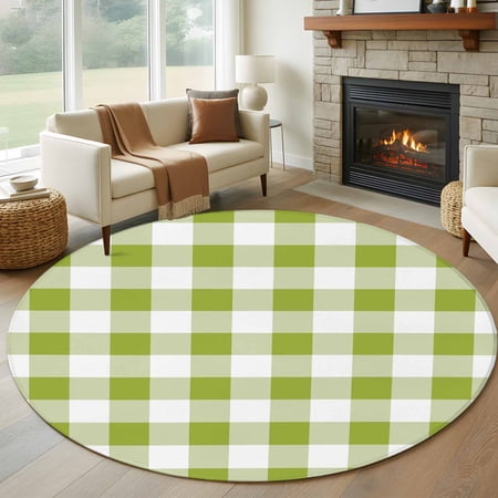 Green Plaid Round Area Rug 5 FT Non Slip Bedroom Rugs Gradient Geometric Buffalo White Checkered Washable Soft Circular Carpet Non-Shedding Floor Mat for Kitchen Dining Room Foyer Balcony Dorm