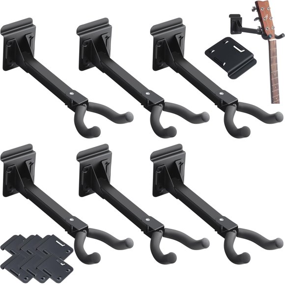Therwen 6 Pcs Guitar Hanger Wall Mount Guitar Hangers Hooks Holders with Slat Adapter 180° Adjustable Black Guitar Hook Stand Gu