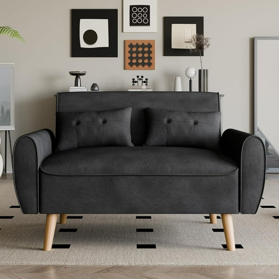 47" Small Modern Loveseat Sofa, Mid Century Linen Fabric 2-Seat Sofa Couch Tufted Love Seat with Back Cushions and Tapered Legs for Living Room, Bedroom and Small Space (Black)