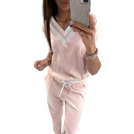 - Women 2Pcs Sets V Neck Tracksuit Sweatshirt Sport Workout Pants Pullover Sporstwear