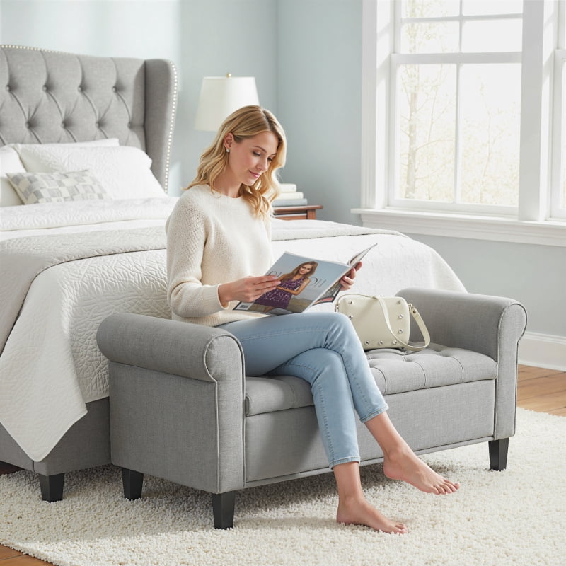 Alvantor Storage Ottoman Bench with Rolled Arms, Button Tufted Seat & Wood Legs 49.5"x19"x22.5" Gray