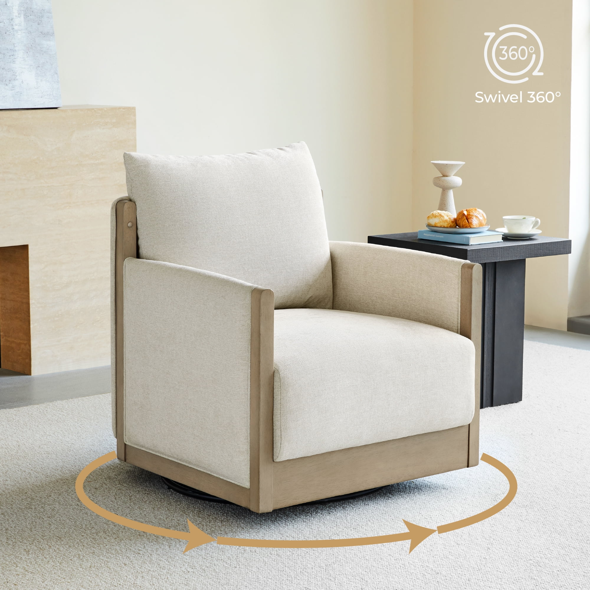 Spruce & Spring Mid-Century Modern Swivel Accent Chair with Curved Back and Upholstered Arms Single, Linen&Grey Wood