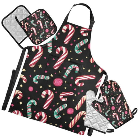 Ryvnso Candy Cane Christmas Kitchen Apron Oven Mitts Set Pot Holders