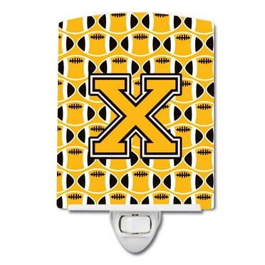 Caroline's Treasures CJ1080-XCNL Letter X Football Black, Old Gold and White Ceramic Night Light, 6x4x3", multicolor