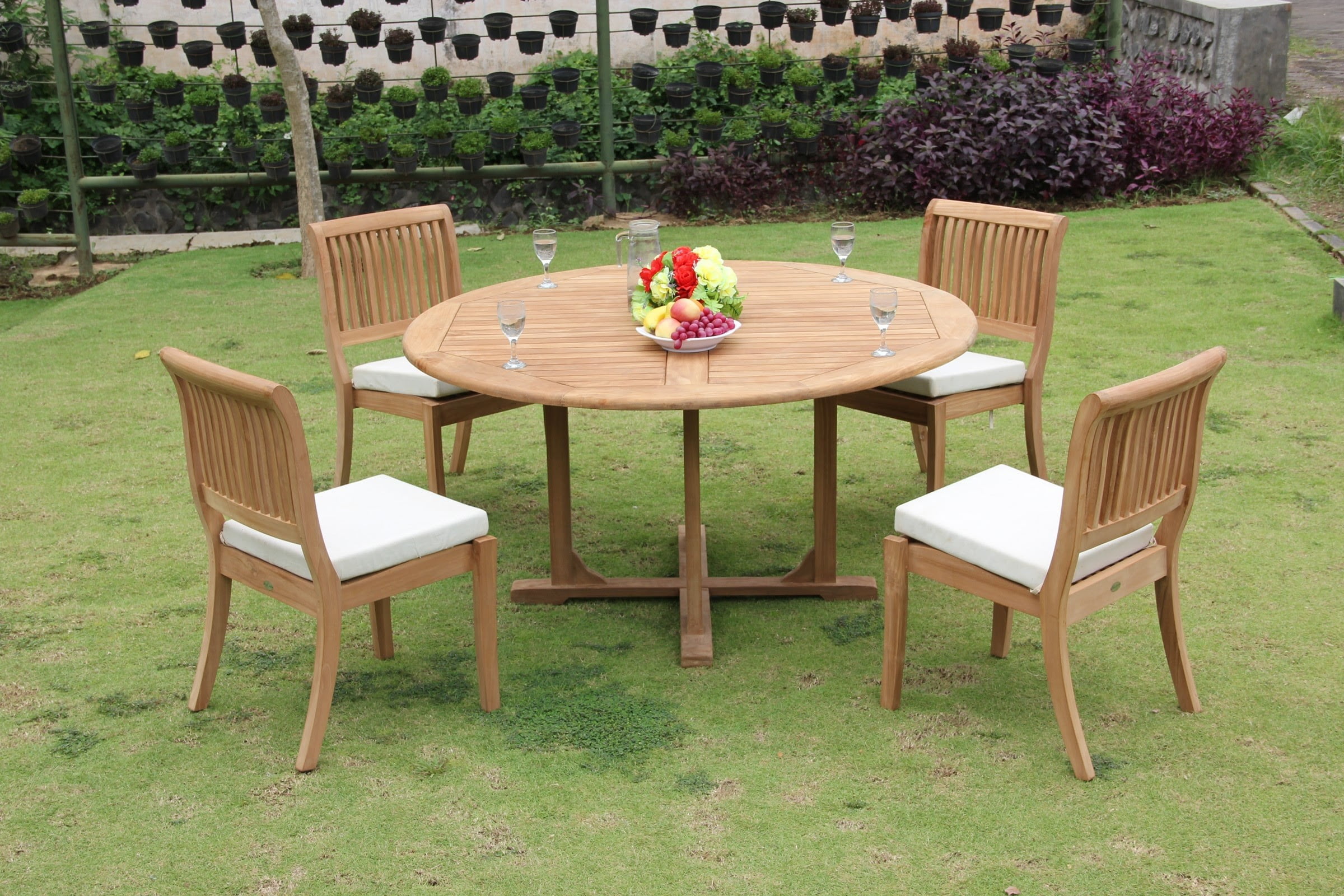 Teak Dining Set: 4 Seater 5 Pc: 60" Round Dining Table And 4 Arbor Stacking Armless Chairs ...
