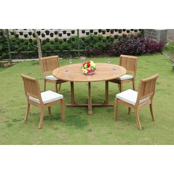 Teak Dining Set: 4 Seater 5 Pc: 60" Round Dining Table And 4 Arbor Stacking Armless Chairs Outdoor Patio Grade-A Teak Wood WholesaleTeak #WMDSAB55