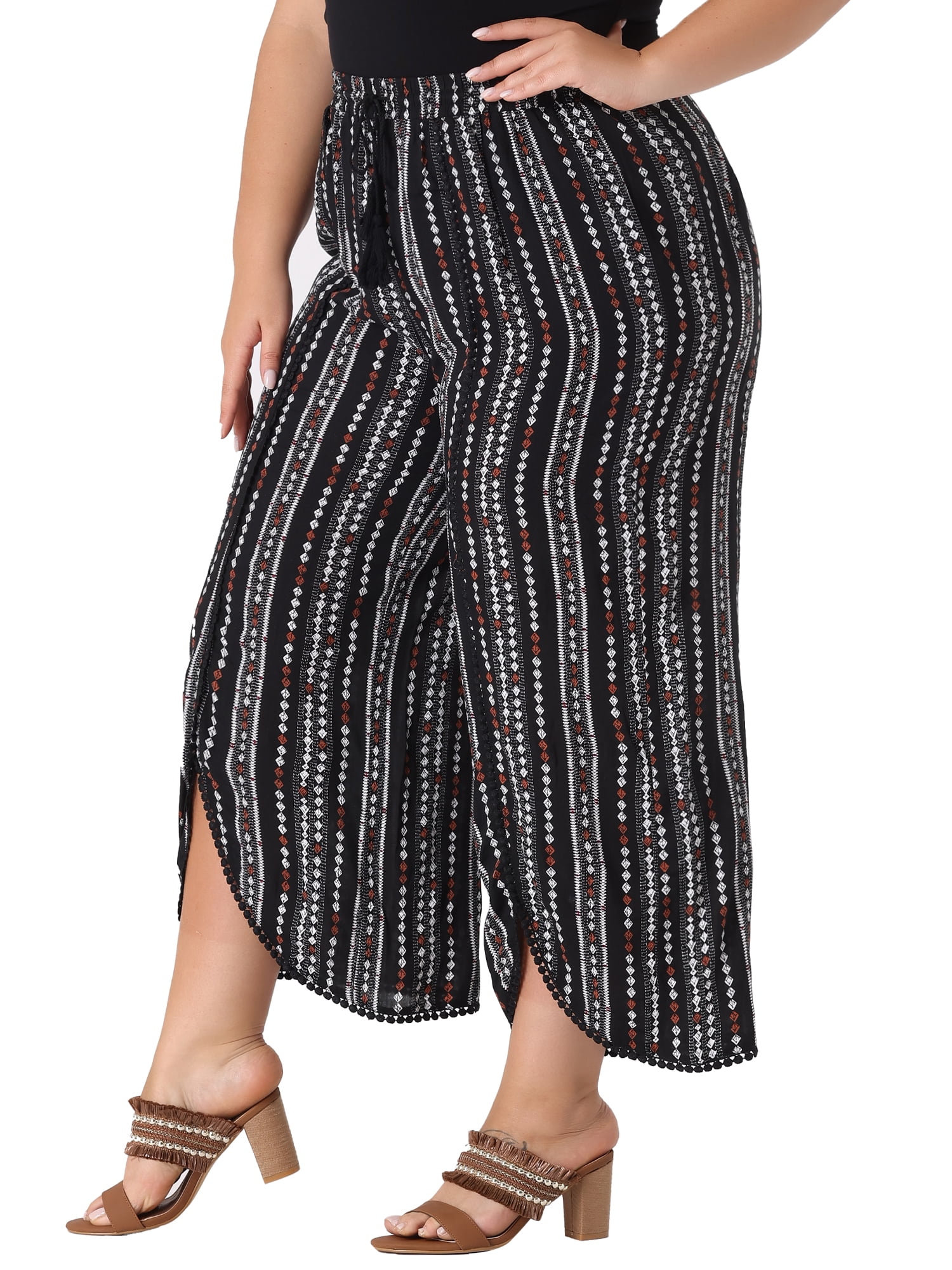 DARING DIVA Women's Plus Size Elastic Waist Flowy Striped Wide Leg Pant 1X Black