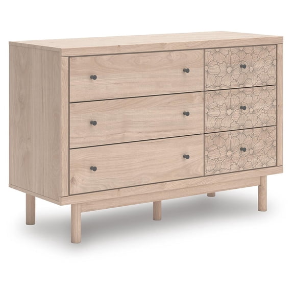 Signature Design by Ashley Birkmore 6-Drawer Dresser, Light Oak Finish with Floral Accents, Tan
