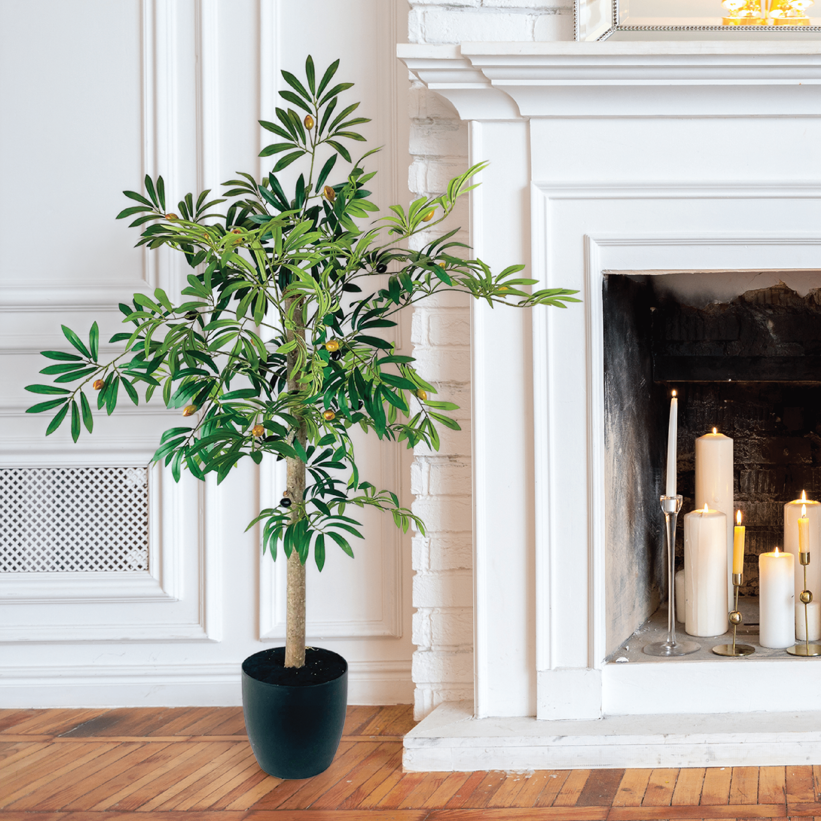 4ft Artificial Olive Tree in Black Growers Pot by LCG Florals, Fake Indoor Faux Tree for Living Room, Office, and Home Decor