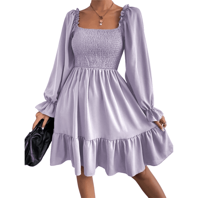 Robe Mini de Fête à Manches Longues Lanterne à Encolure Carrée Froncée à Volants pour Femmes