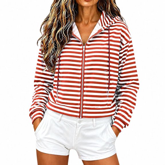 Edvintorg Zip up Jackets for Women Striped Long Sleeve Hooded Coat Light Outerwear with Pocket Women's Clothing Red M-2XL