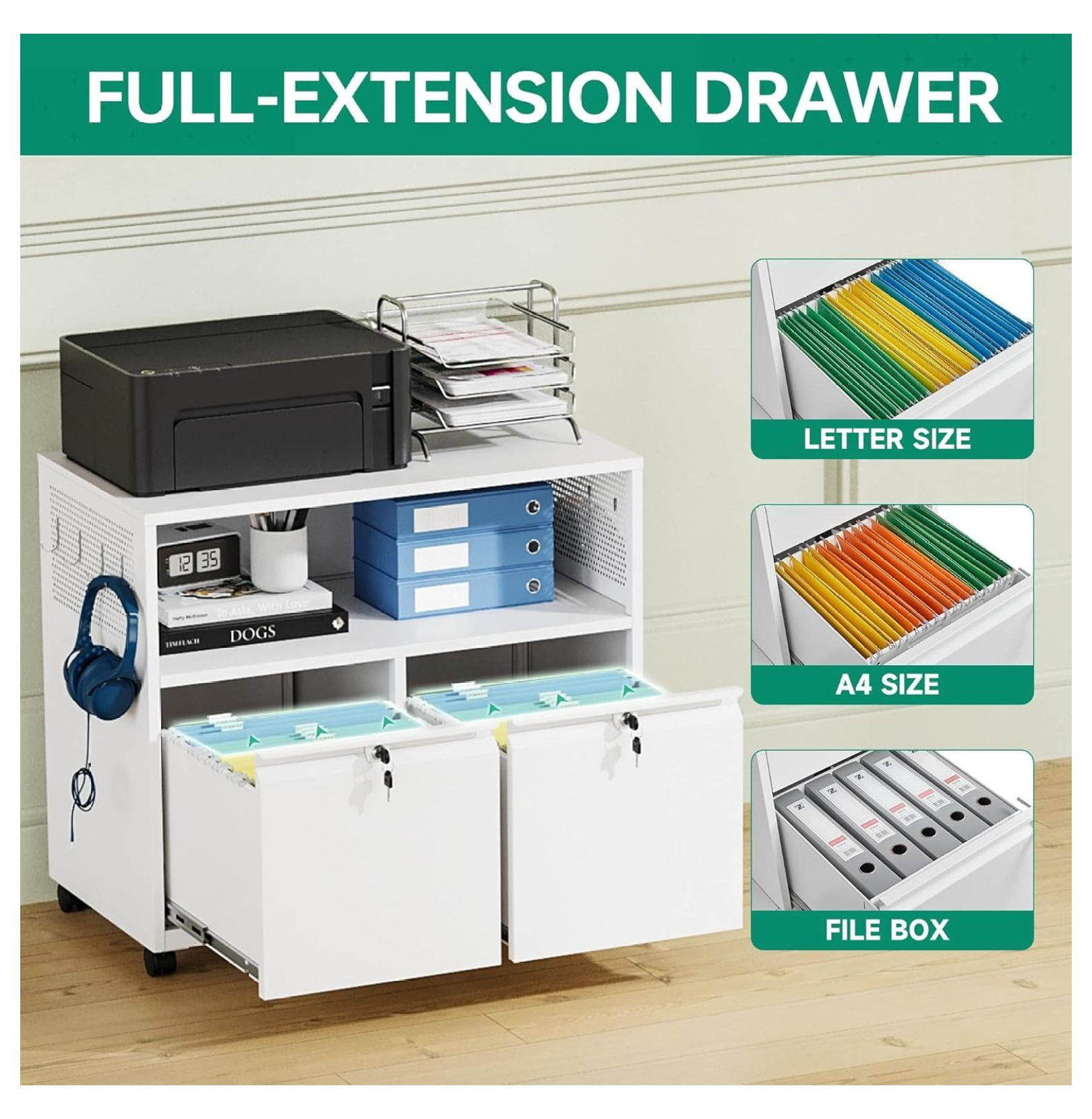 WDZS Mobile 2 Drawer File Cabinet with Lock, Metal Lateral Printer Stand Filing Storage Cabinets with Shelves for Home Office-A4/F4/Letter (White)