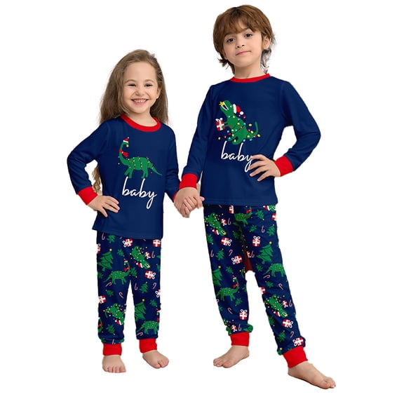 MXIEZI Family Christmas Matching Pajamas Outfits Blue Christmas Cartoon Dinosaur Long Sleeve Mommy and Me Pajamas Set Loungwear Matching Set