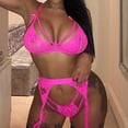 thumbnail image 3 of Conjunto de ropa interior de encaje de 3 piezas para mujer, sujetador sexy, bragas, liguero, rosa fluorescente, S AweSitey XX000052-03, 3 of 7