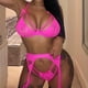 thumbnail image 3 of Conjunto de ropa interior de encaje de 3 piezas para mujer, sujetador sexy, bragas, liguero, rosa fluorescente, S kenally XX000052-03, 3 of 7