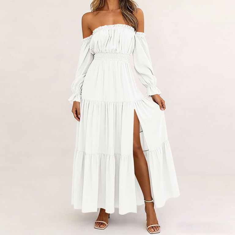 white flowy bohemian dress Women's off Shoulder Boho Long Sleeve High Waist Side Split Maxi Dress Wedding Cocktail Casual Dress under-20