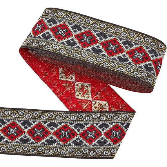 7.6 Yard Vintage Embroidered Ribbon 2 inch Wide Polyester Rhombus Jacquard Ribbon Red Wave Pattern Jacquard Ribbon Flat Ethnic Style Ribbon