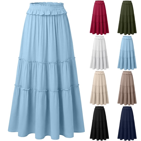 Miluxas Women's Summer Casual Skirts Elegant Smock Layered Tiered Maxi Skirts Elastic High Waisted A Line Flowy Long Skirts White
