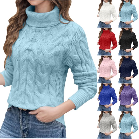 Womens' Turtleneck Long Sleeve Cable Knit Fall Sweaters Fashionable Jumpers Slim Fit Layering Tops Cozy Winter Clothes
