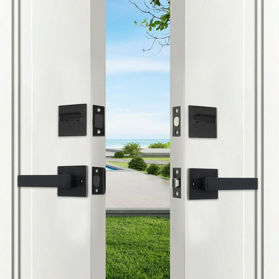 Handle Set w/ Reversible Handle Lever Black Front Door Lock Set Door Handle Set